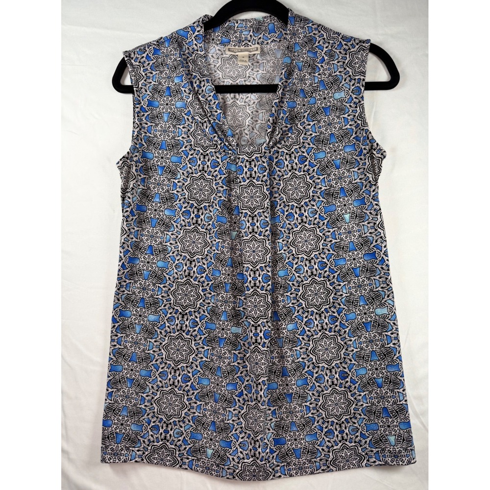 Dana Buchman Blue Black Geometric‎ Medallion Sleeveless Draped V-Neck Top Small